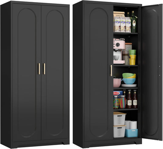 71" Tall Metal Pantry Cabinet with 4 Adjustable Shelves and Gold Handles Heavy-Duty Steel Storage for Kitchen, Dining Room or Office