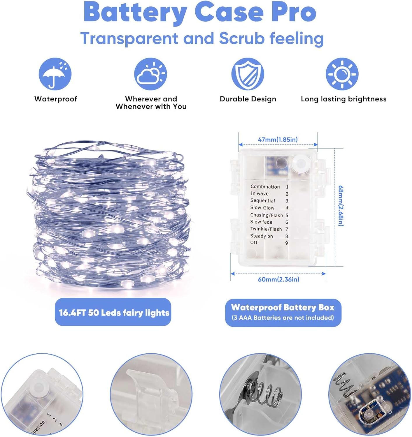 1 Pack 16.4 Ft. Battery Operated Outdoor String Lights with Remote & Timer, LED Cool White Fairy Lights, Waterproof Twinkle Lights for Bedroom, Dorm, Mason Jar, Wedding, Party, Christmas