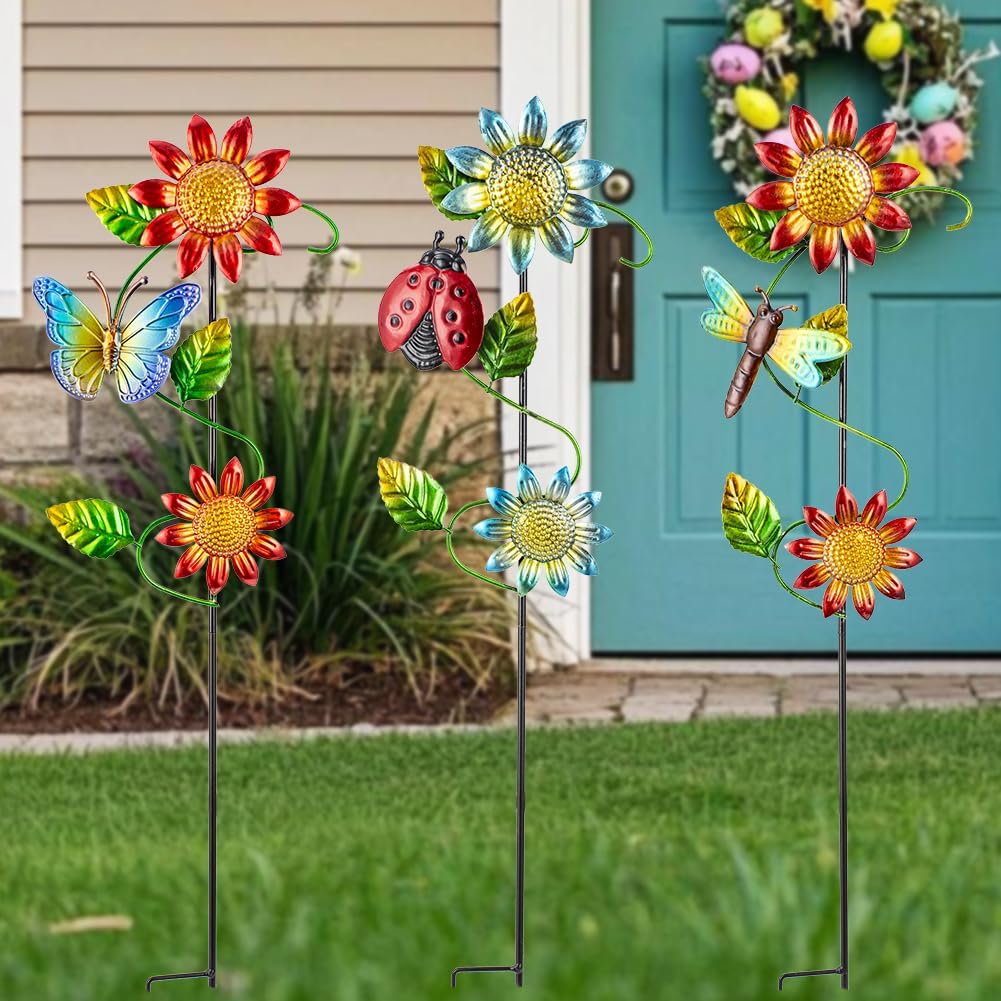 3 Pcs Sunflower＆Butterly＆Ladybug＆Dragonfly Decorative Garden Stakes,23.5 in Metal Sunflower Yard Art for Outside Decor,Spring Outdoor Decor for Mom,Women,Grandma