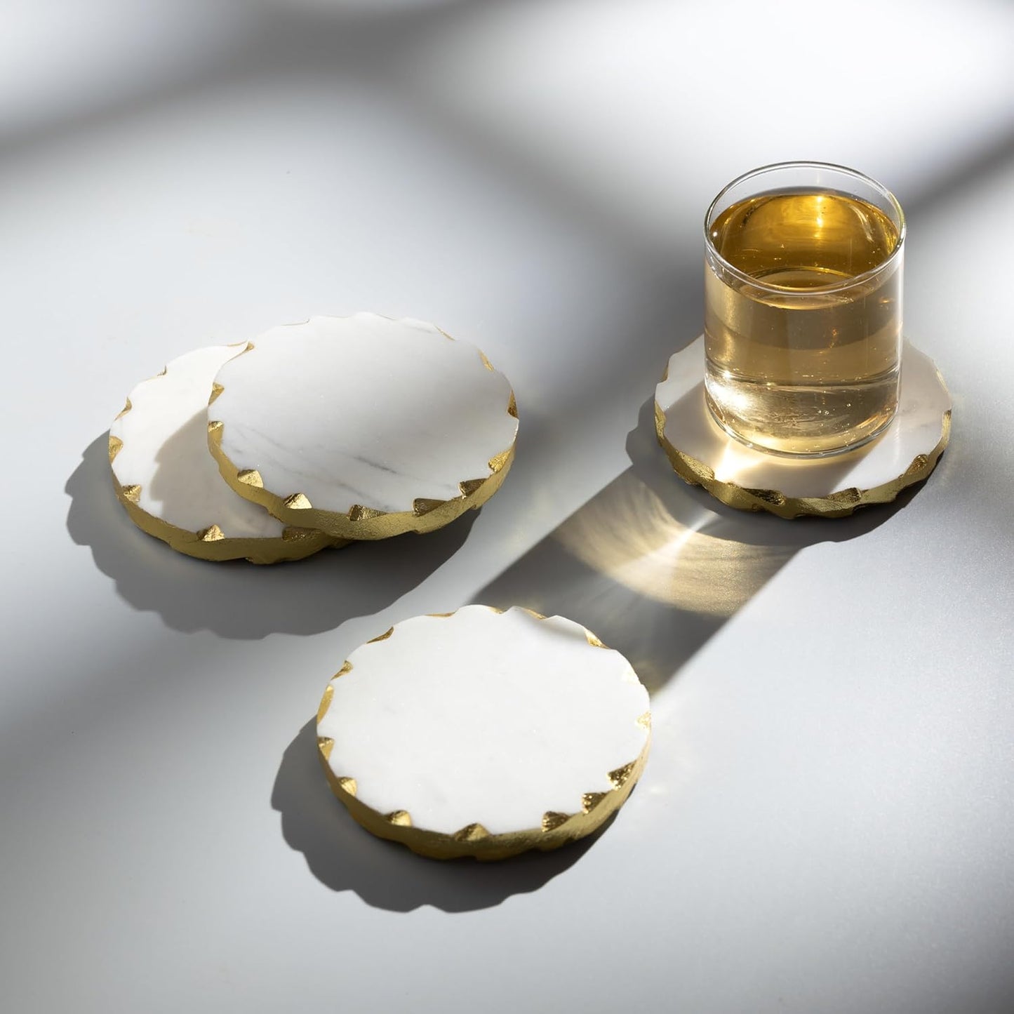 Set of 6 Real Marble Coasters with Golden Borders, decoratice White & Gold Coasters for Desk, Coffee Table | Thick & Heavy Aesthetic Coaster Set, 4 inch Dia (Gold)