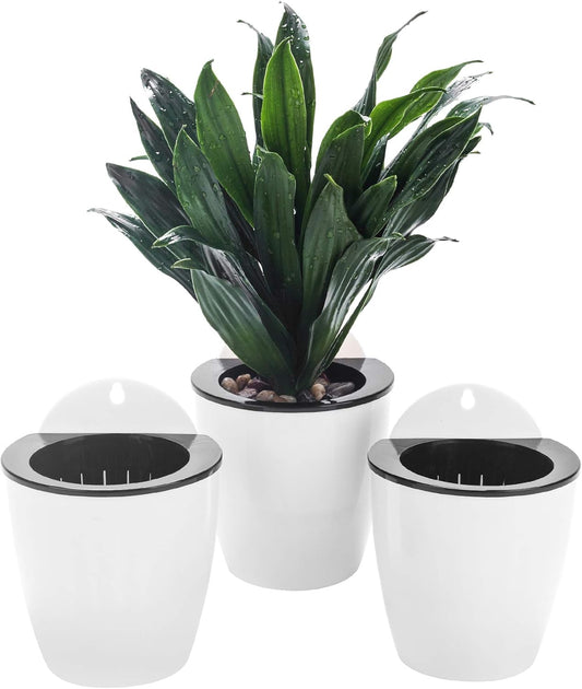3 Pack Self Watering Wall Hanging Planter Pots Vertical Garden Window Hang Mount Indoor Outdoor Plant Flower Basket for Kitchen Herbs Balcony Railing Shelf Fence Bedroom Trellis Decor Modern White Box