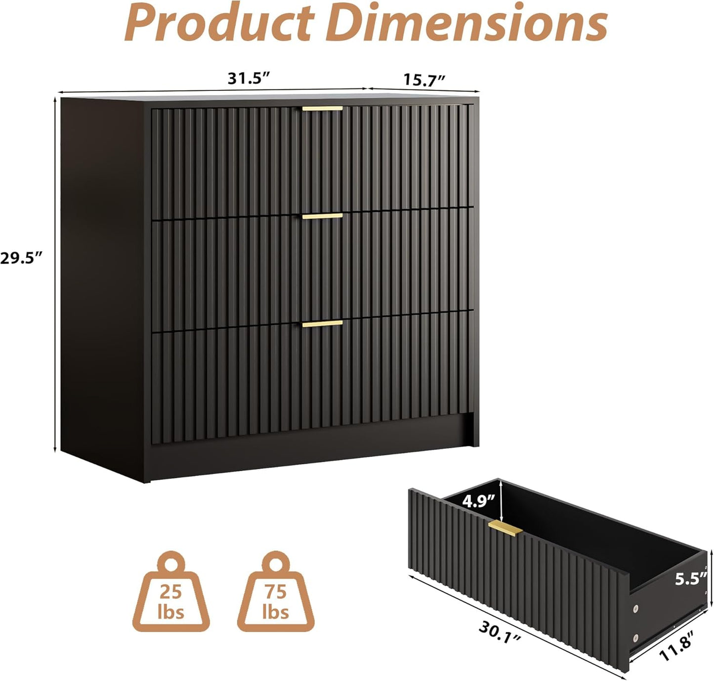 Black Fluted Dresser for Bedroom, 32 Inch Wide Nightstand with Large Drawer, 3 Drawer End Table for Bedroom, Living Rooms, Offices, and Entryways