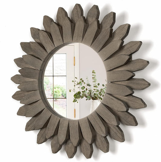 Honiway Farmhouse Wall Decor Mirror 12 inch Sunburst Boho Wood Mirror Rustic Home Decor Room Decoration for Bedroom Living Room Weathered Grey