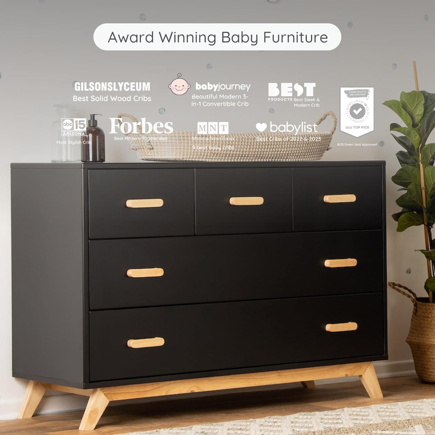 dadada Soho 5-Drawer Dresser for Nursery and Bedroom - Modern Design, Large Storage, Baby-Safe Finish, Soft Close Drawers, Anti-Tip Safety, Sturdy Legs & Solid Wood Handles, 47” Wide (Black+Natural)