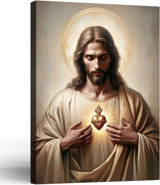 Framed Jesus Sacred Heart Religious CatholicWall Art Decor Canvas Print Print Poster Artwork Christian Home Decor Gallery for Bedroom Living Room 12x16 Inch Ready to Hang