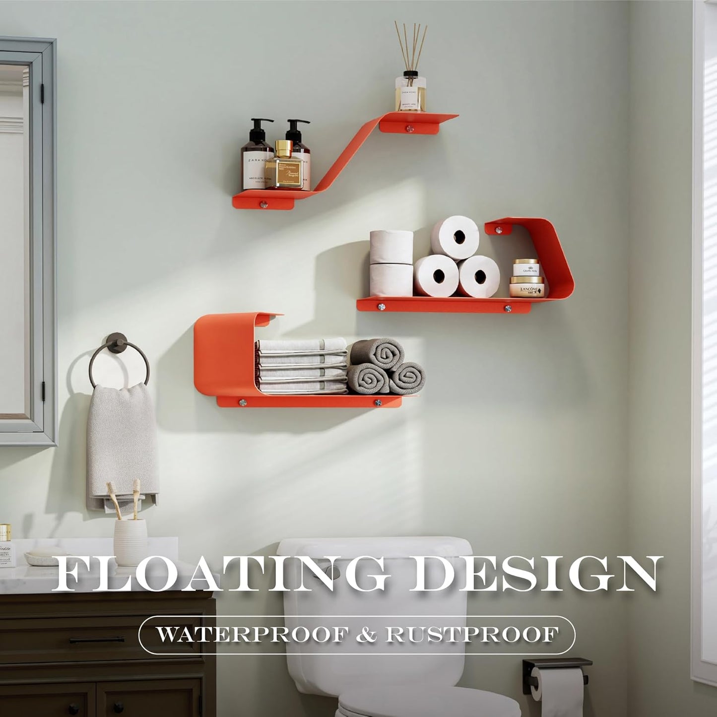 Floating Shelves, Wall Shelf, Set of 3 Wall Mounted Metal Shelves with Unique Design for Wall Storage, Book Shelf, Display Shelves for Bathroom Bedroom Kitchen Living Room for Home Orange