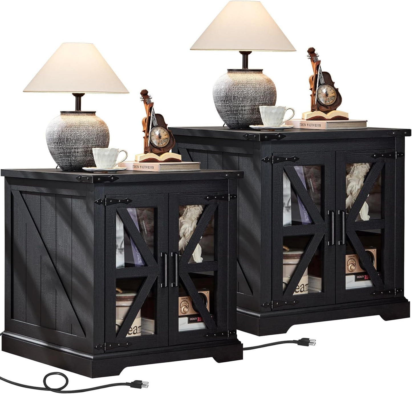 24" End Table Set of 2 with Charging Station, Farmhouse Night Stand with Glass Barn Door, Nightstands with Adjustable Storage Shelf, Large Wood Square Bed Side Table for Living Room,Bedroom