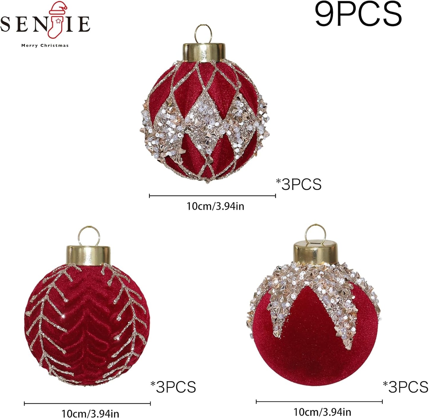 4inch Velvet Ornaments for Christmas Tree, 9PCS Glitter Flocked Christmas Ornaments Decorations Balls Set Decor Red