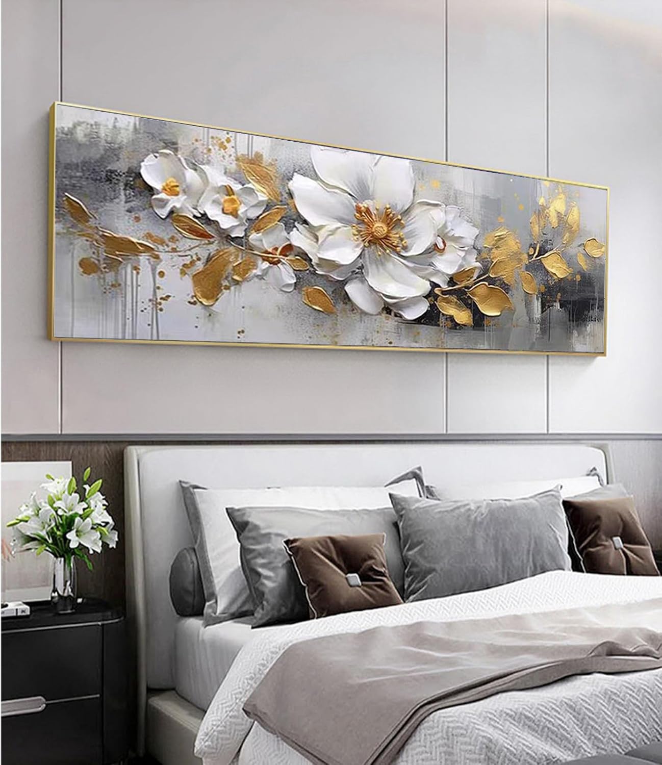 White Flower and Golden Leaf Wall Art for Living Room Hand Painted Floral Oil Painting on Canvas for Bedroom,Large Framed Artwork for Office Kitchen Wall Decor 24x56inch