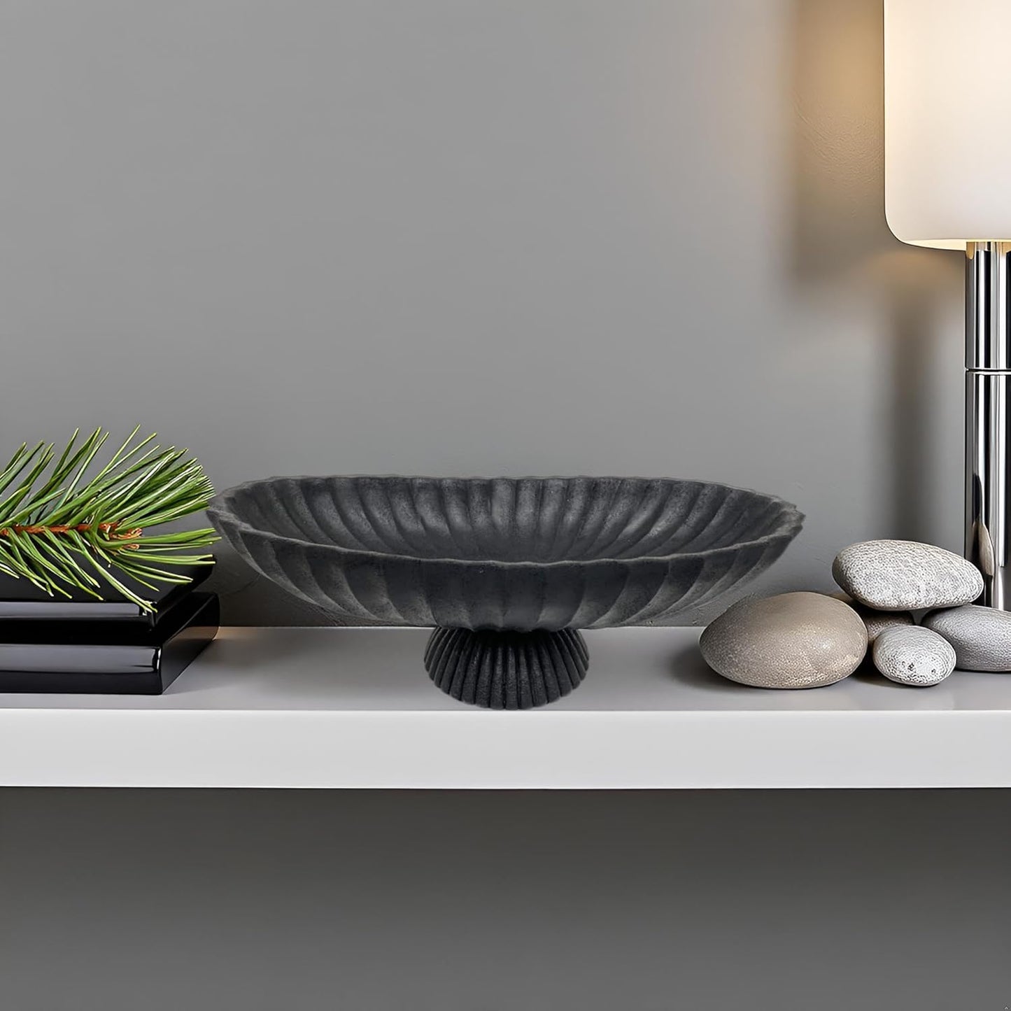 14.5" Large Decorative Long Bowl - Black Fluted Scalloped Decorative Bowls for Home Decor - Ruffle Decor,Stylish Key Bowl for Entry Table,Decorative Fruit Bowls for Kitchen Counter