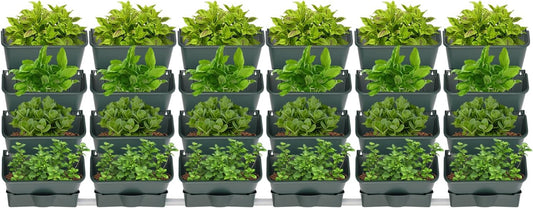 24Pack Vertical Wall Garden Planter, 13 inch Wall-mounted Garden Planters, Stackable Hanging Planter, Plastic Flower Pot with 4 Drainage Tray & 6.56FT Drainage Pipe for Indoor and Outdoor (Green)