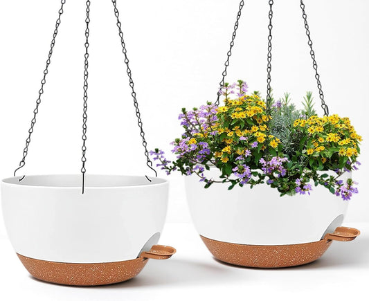 2 Pack 12 Inch Large Hanging Planters with Chains Self Watering White Brown Plastic Hanging Pots for Indoor Outdoor Plants, Garden Porch Home Decor，White Brown