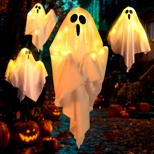 4Packs Hanging Ghosts Halloween Decor, LED Light Up Halloween Ghost Decorations, Spooky Cute Ghost Ornaments for Home Tree Garden Front Porch Yard Fall Party Holiday Decoration Outdoor 19.6", White