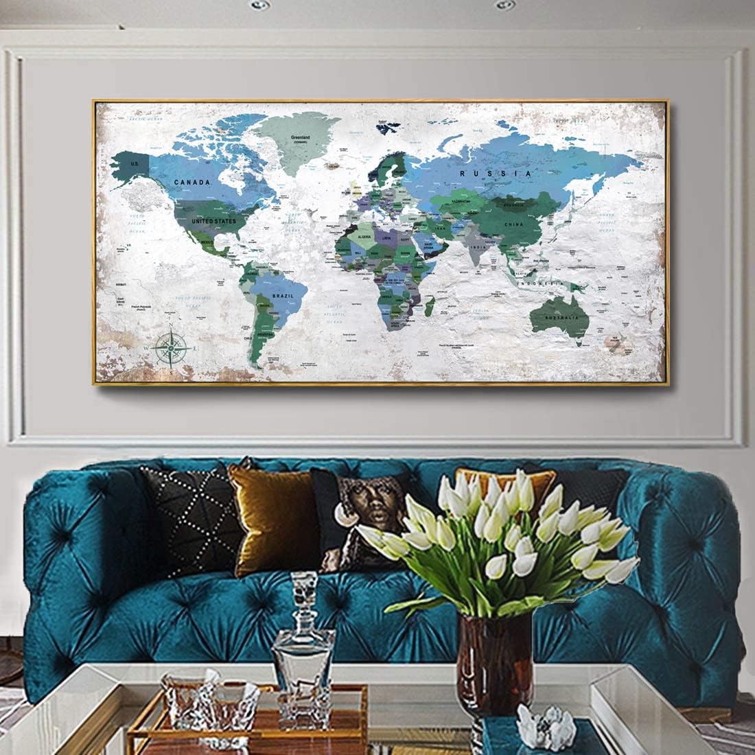 Framed Wall Art World Map Wall Art Canvas Picture 24inchx48inch Large Blue Map of The World Canvas Painting Artwork Prints for Office Wall Decor Home Living Room Decorations Framed Ready to Hang
