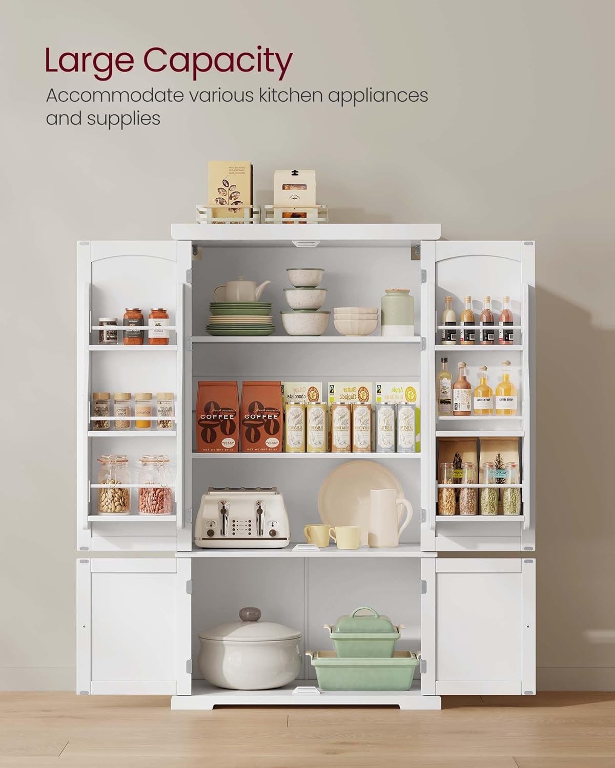 VASAGLE Pantry Cabinet, 53.5-Inch High Freestanding Tall Cupboard Storage Cabinet, 2 Cabinets, 2 Adjustable Shelves, 6 Door Shelves, for Living Room, Kitchen, White UBBC671W01