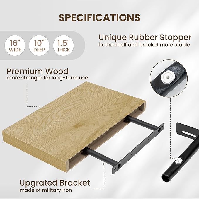 Fun Memories Floating Shelves for Wall - 10 x 16 Floating Shelf - Rustic Wood Storage Shelf - Wall Shelves with Invisible Bracket - 16" Bookshelves for Living Room & Bedroom - Oak - Set of 2