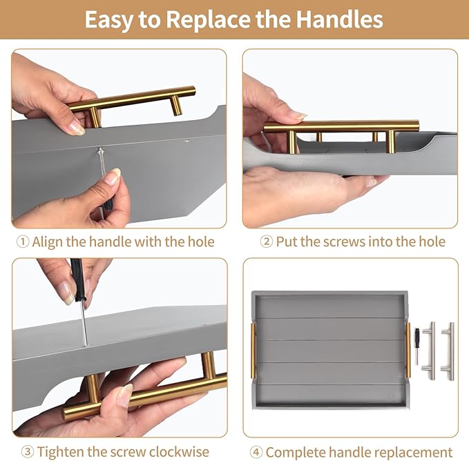 Coffee Table Tray - Large Ottoman Trays for Living Rooms - Wood Serving Tray with Handles(2 Sets) - Wooden Tray for Coffee Table, 4 Round Coasters Included, Gray