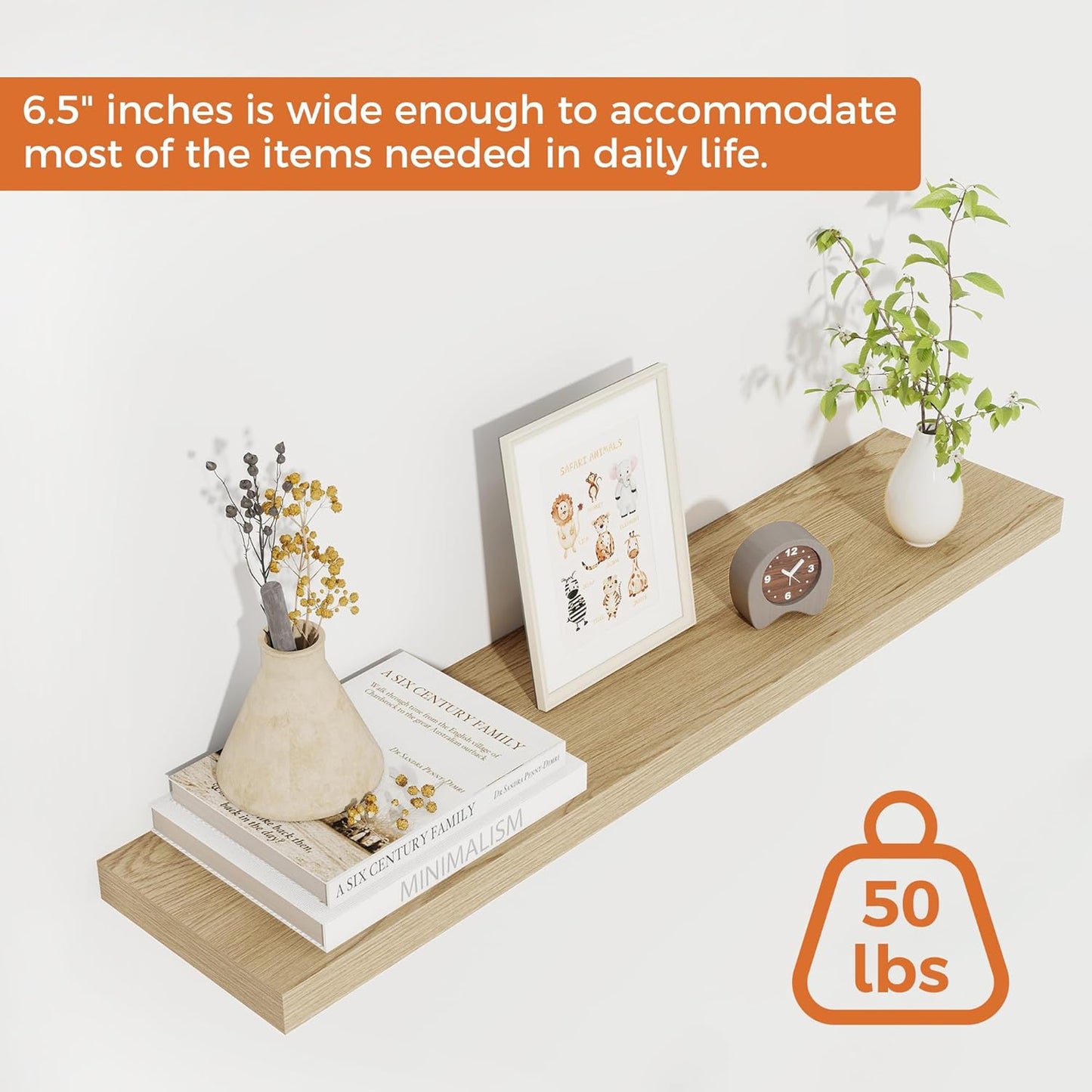 Fun Memories 30" Rustic Wood Deep Floating Shelves for Wall, Invisible Brackets for Decor & Storage, Living Room, Bathroom (Oak, Set of 2)