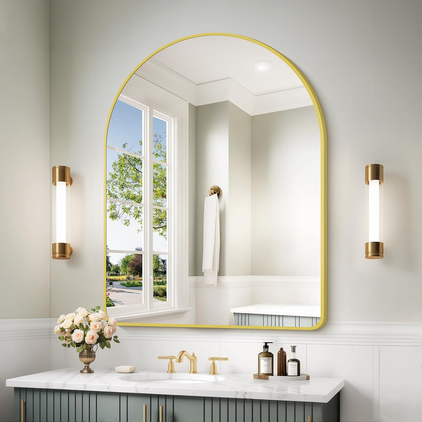 Arched Bathroom Mirror, 30"x40" Gold Arched Mirror for Bathroom, Wall Mounted Mirror, Gold Vanity Wall Mirror w/Metal Frame for Bedroom, Entryway, Living Room, Vertically Hanging or Leaning Against