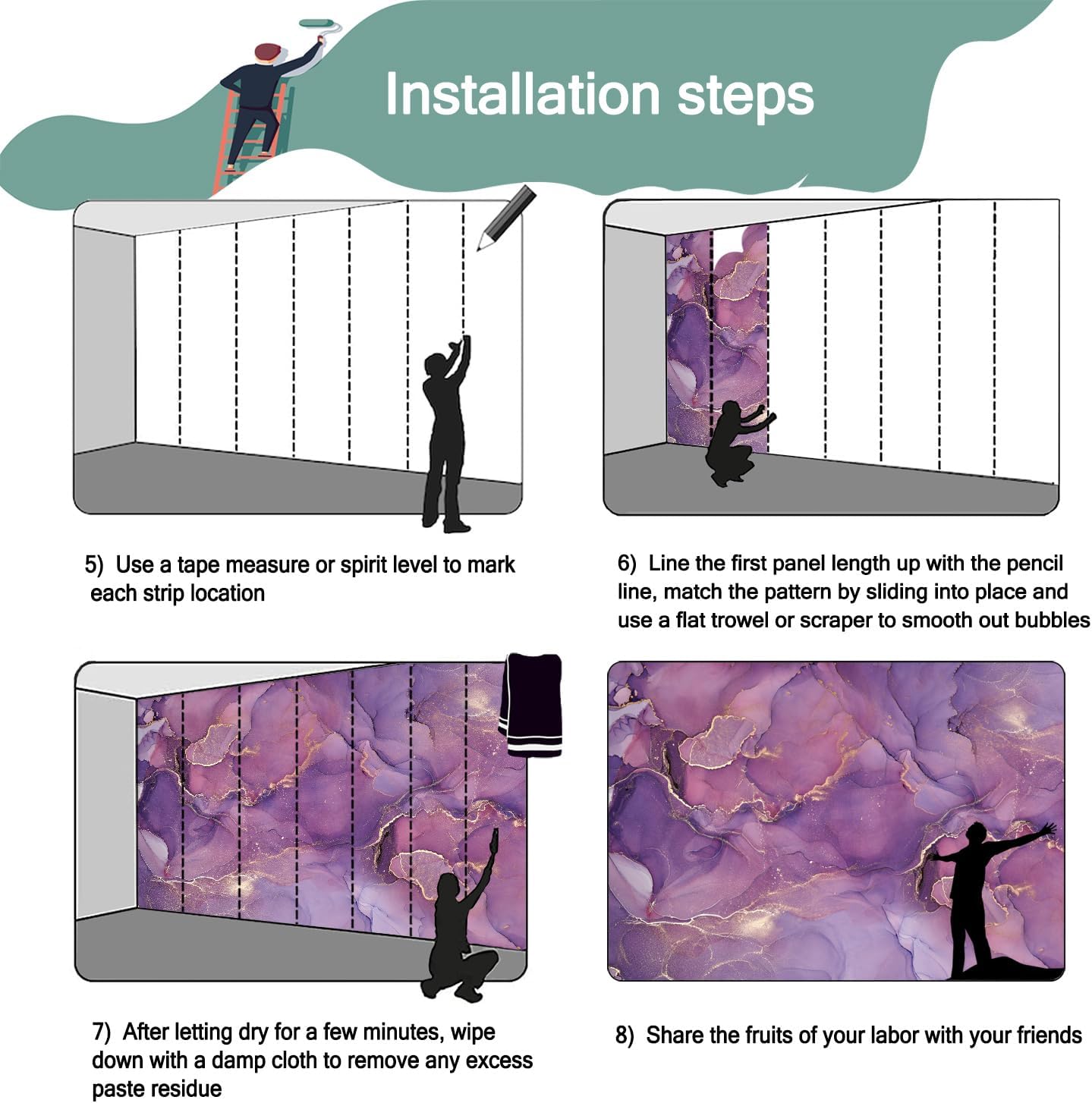 -Purple Marble Fabric Wallpaper Abstract Texture Mural Bedroom 180" x 115" (Not Peel and Stick)