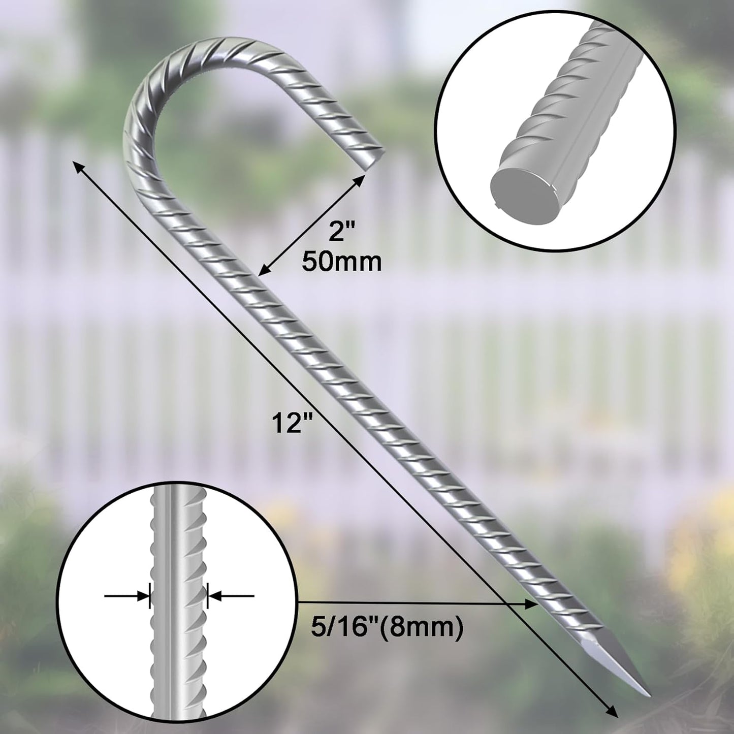 12 Inch Rebar Ground Stakes Heavy Duty J Hook 55 Pack Metal Spikes Galvanized Ground Anchors Tent Stakes for Fence, Bounce House, Gazebos and Outdoor Decorations Inflatables
