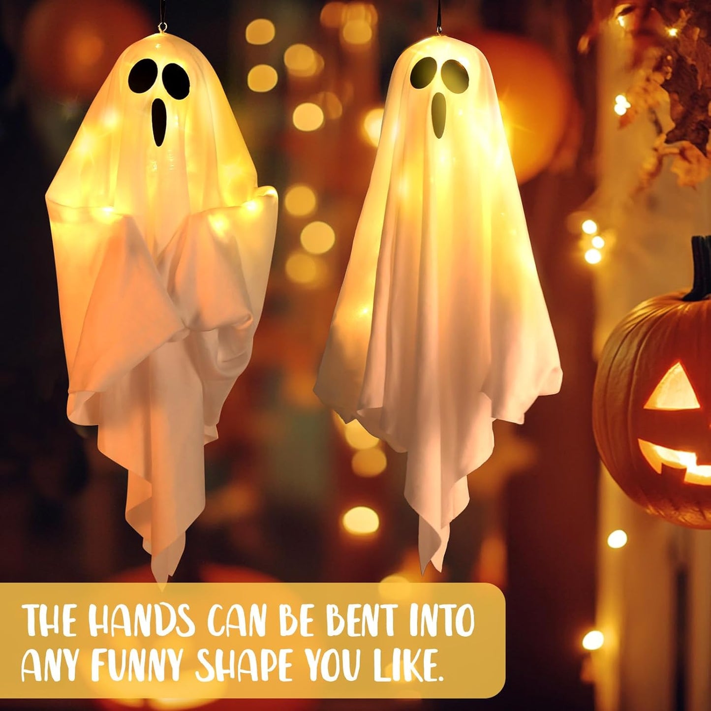 2Packs Hanging Ghosts Halloween Decor, LED Light Up Halloween Ghost Decorations, Spooky Cute Ghost Ornaments for Home Tree Garden Front Porch Yard Fall Party Holiday Decoration Outdoor 19.6", White