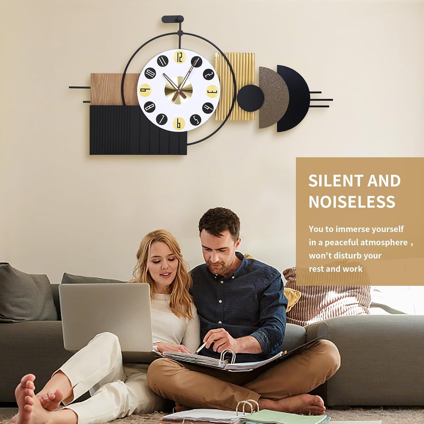 Oversized Modern Wall Clocks-Large Geometric Dial Wall Clock Battery Operated,Wood Metal Frame Big Clock Silent Non Ticking,for Living Room, Bedroom,Kitchen,Farmhouse,Office -42X21.6 Inch