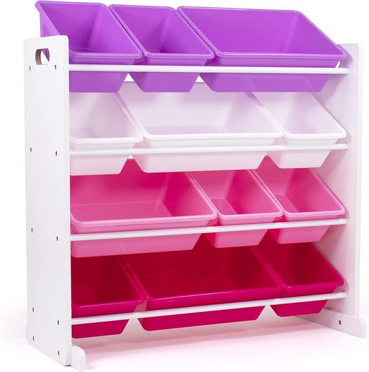 Humble Crew Kids Toy Storage Organizer with 12 Plastic Bins, White/Pink/Purple – Removable Bins for Playroom, Bedroom, Toddler Furniture for Boys and Girls Ages
