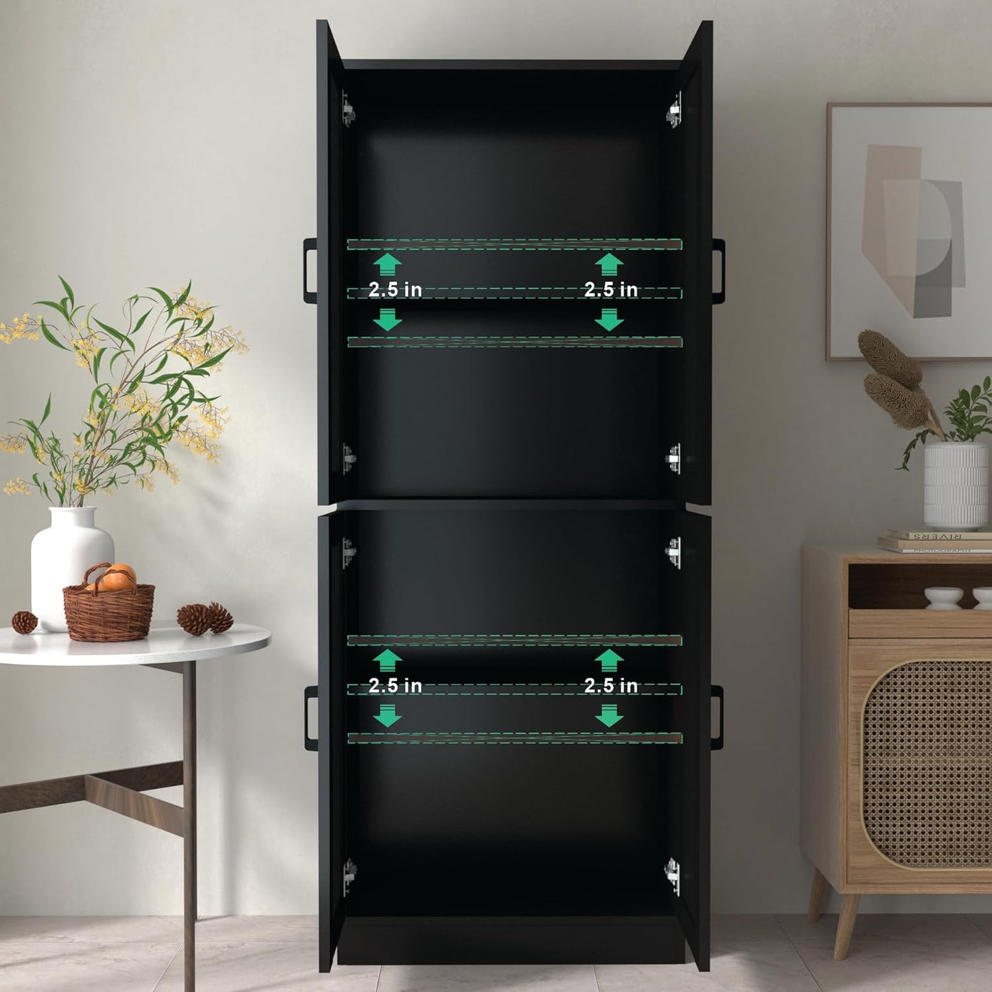 Black Rattan Kitchen Pantry, 71" Tall Storage Cabinet with Doors, Boho Hutch for Dining Room