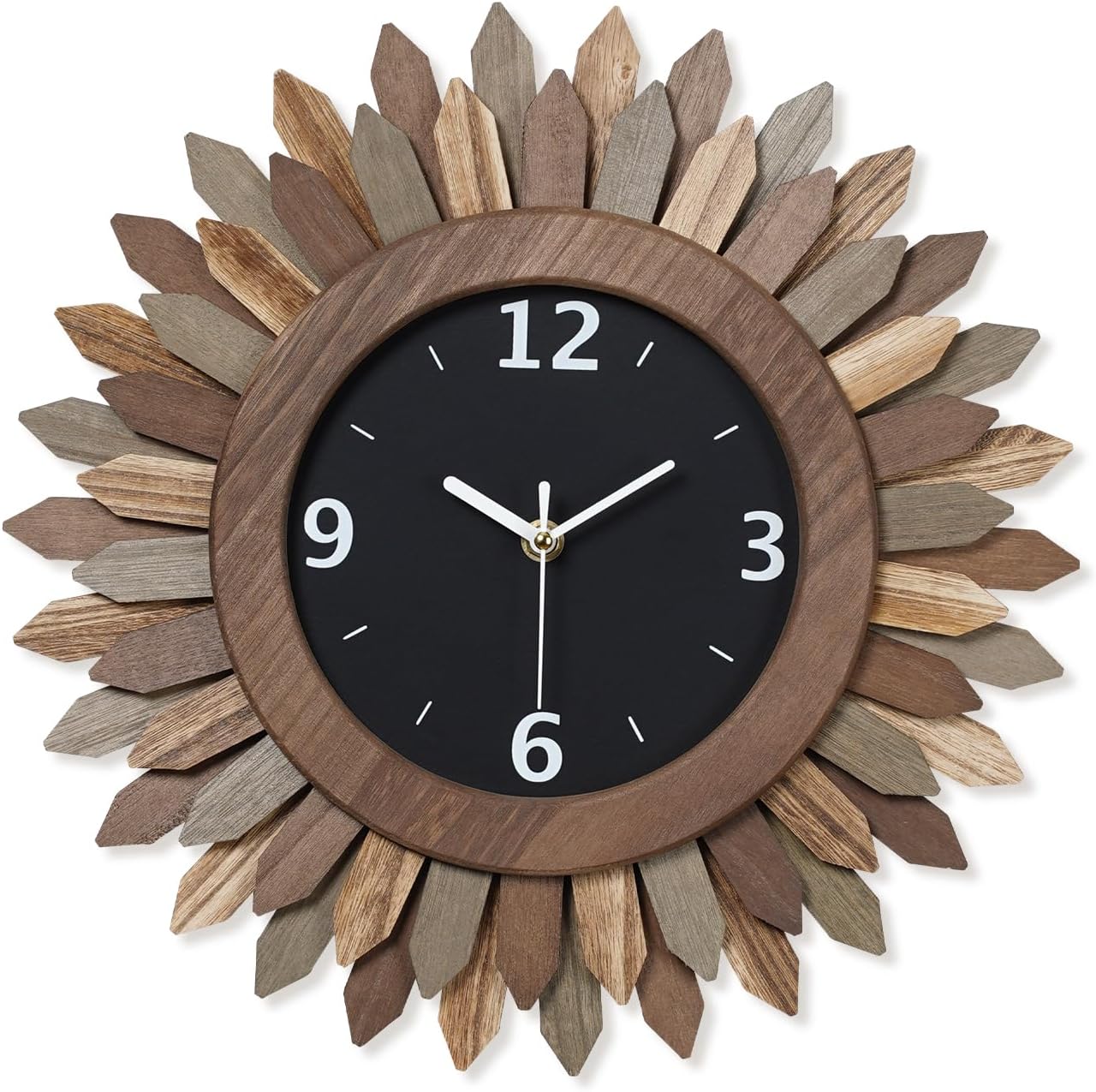 Honiway 14 Inch Wall Clock, Rustic Wood Boho Sunburst Decorative Wall Clocks Battery Operated Silent Non Ticking Farmhouse Small Wall Clocks for Living Room Kitchen Bedroom Home Decor (Tricolor)