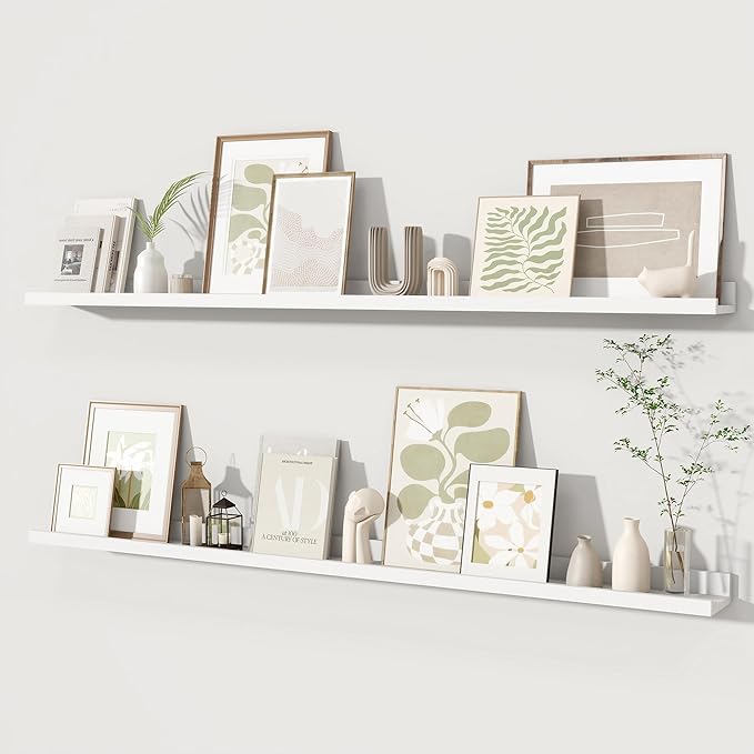 Fun Memories Picture Ledge Shelves Set of 2, 55 Inch Rustic Wall Mounted Floating Shelves with Lip for Home Storage and Décor in Bathroom, Kitchen, Nursery, Bedroom, Living Room, White