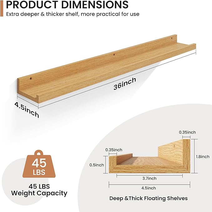 Fun Memories Picture Ledge Shelves Set of 2, 36 Inch Rustic Wall Mounted Floating Shelves with Lip for Home Storage and Décor in Bathroom, Kitchen, Nursery, Bedroom, Living Room, Oak