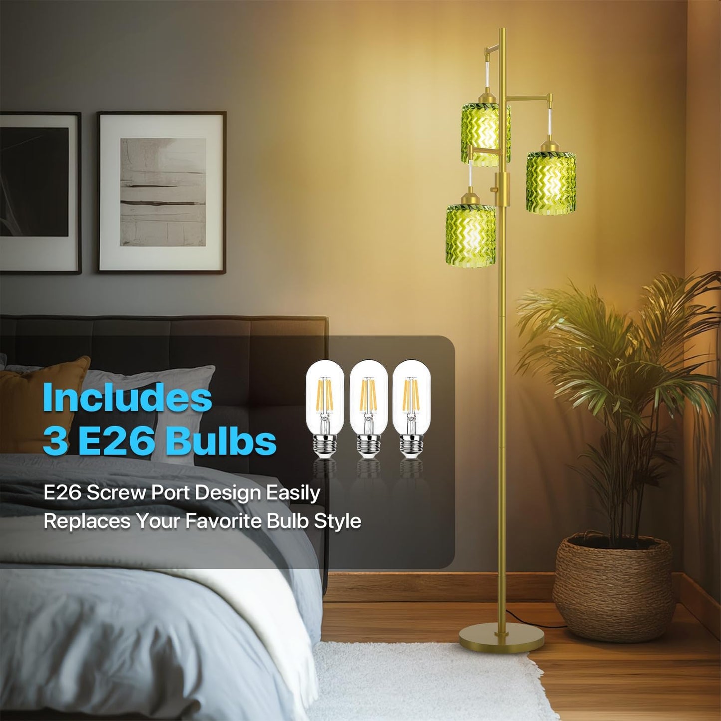 Gold Floor Lamp for Living Room, Vintage 3-Light Green Glass Standing Lamp, Brass Base Mid Century Modern, Retro Tree Design Tall Floor Lamps