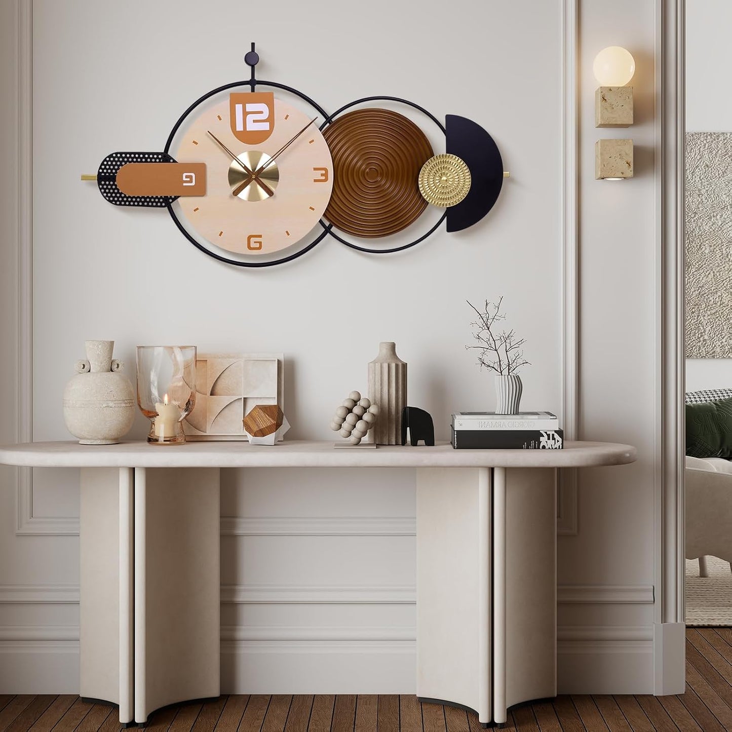 Large Wall Clock for Living Room Modern Wall Clocks Battery Operated Iron and Wood Combination Big Clocks Silent Non Ticking Clock Suitable for Home,Bed Room,Kitchen,Office 33X20inch