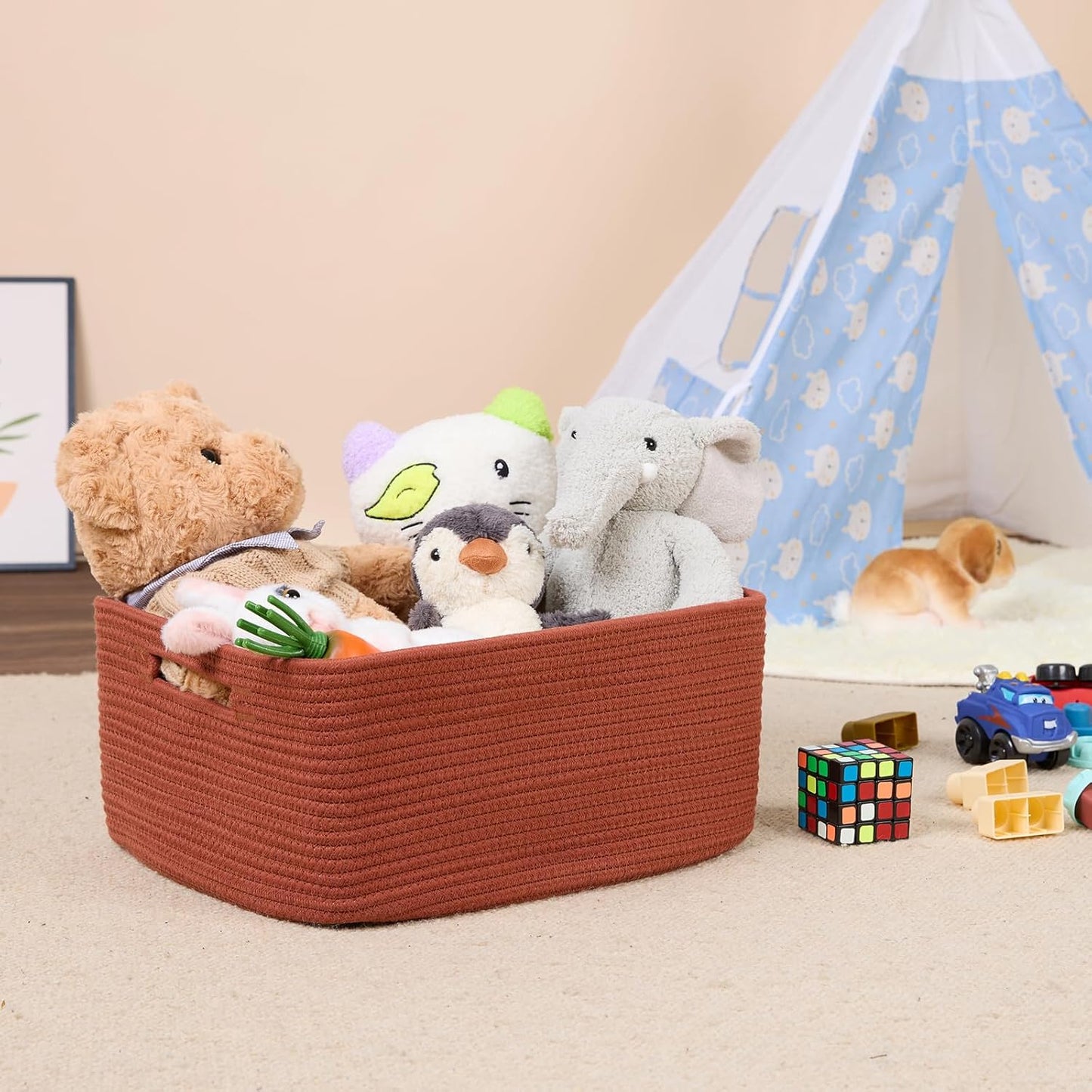 Large Storage Baskets for Shelves, Closet Organizers Bins for Clothes Blanket Towels, Baby Nursery, Toy Baskets Box, Woven Rope Baskets, 17 x 13 x 7.5”, 3 Packs Oxide Red