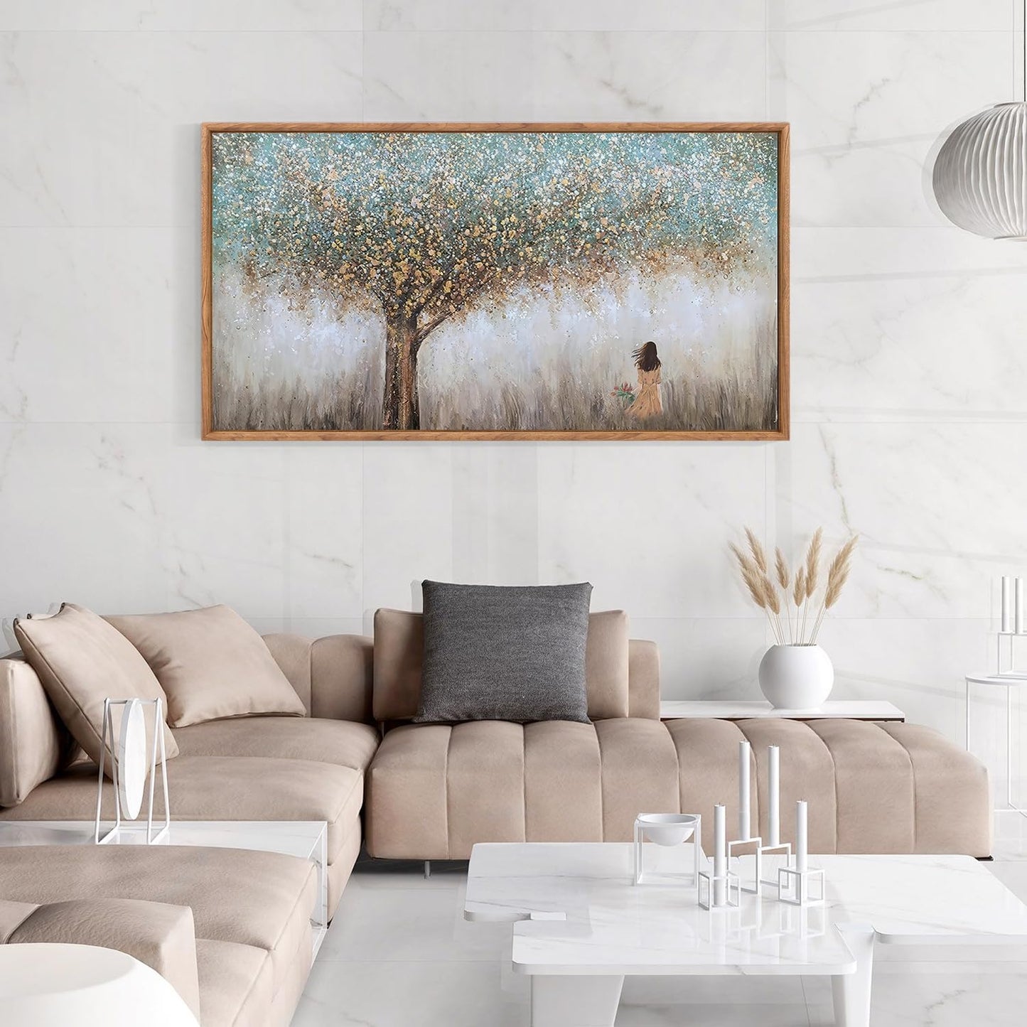 Aurlan Tree of Life Hand Painted Framed Wall Decor(40"x20"), Large Abstract Girl under Tree Oil Painting Canvas Artwork, Modern Nature Landscape Art for Office Living Room Bedroom