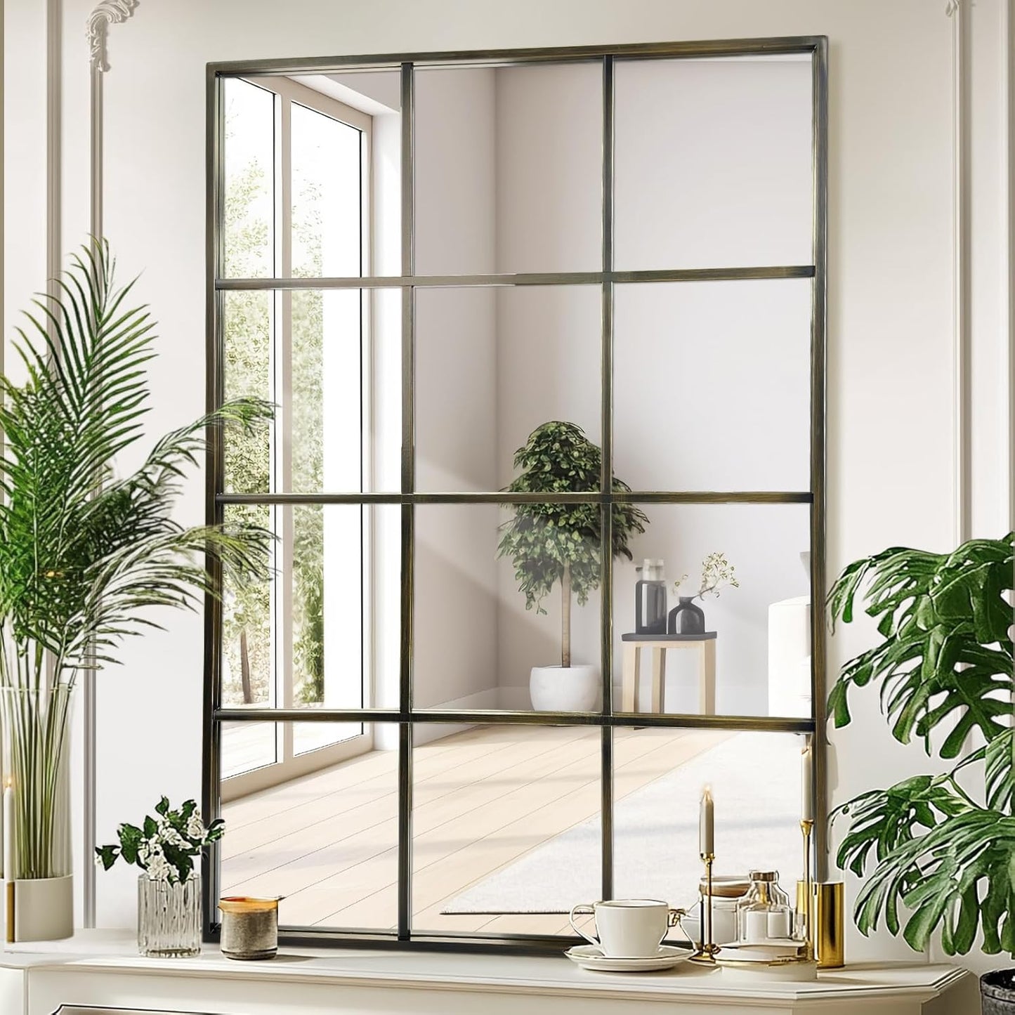 Windowpane Wall Mirror 30"x48" Bronze Wall Mounted Art Pane Mirror Farmhouse Decorative Mirror Leaning Hanging Wall Mirror for Bedroom Living Room Entrance Hallway Wall Decor