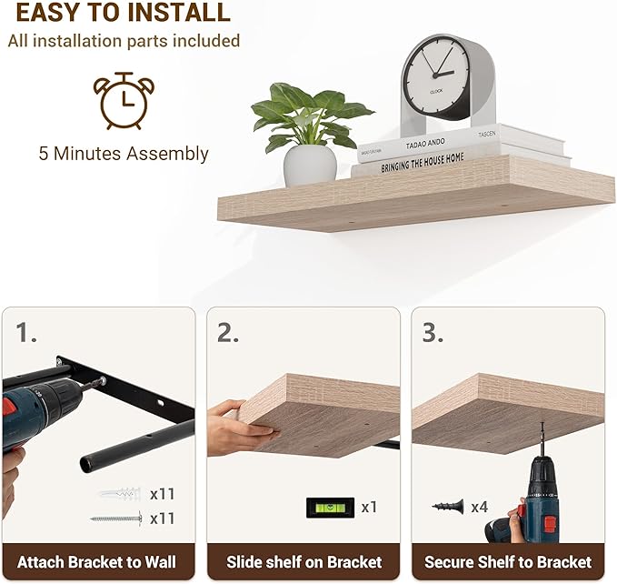 16 Inch Floating Shelves, 3D Textured Wood Grain, 16"x9.25"x1.5" Inch Deep Floating Shelves for Wall, Wooden Shelves for Bathroom, Bedroom, Living Room, Vintage White Oak