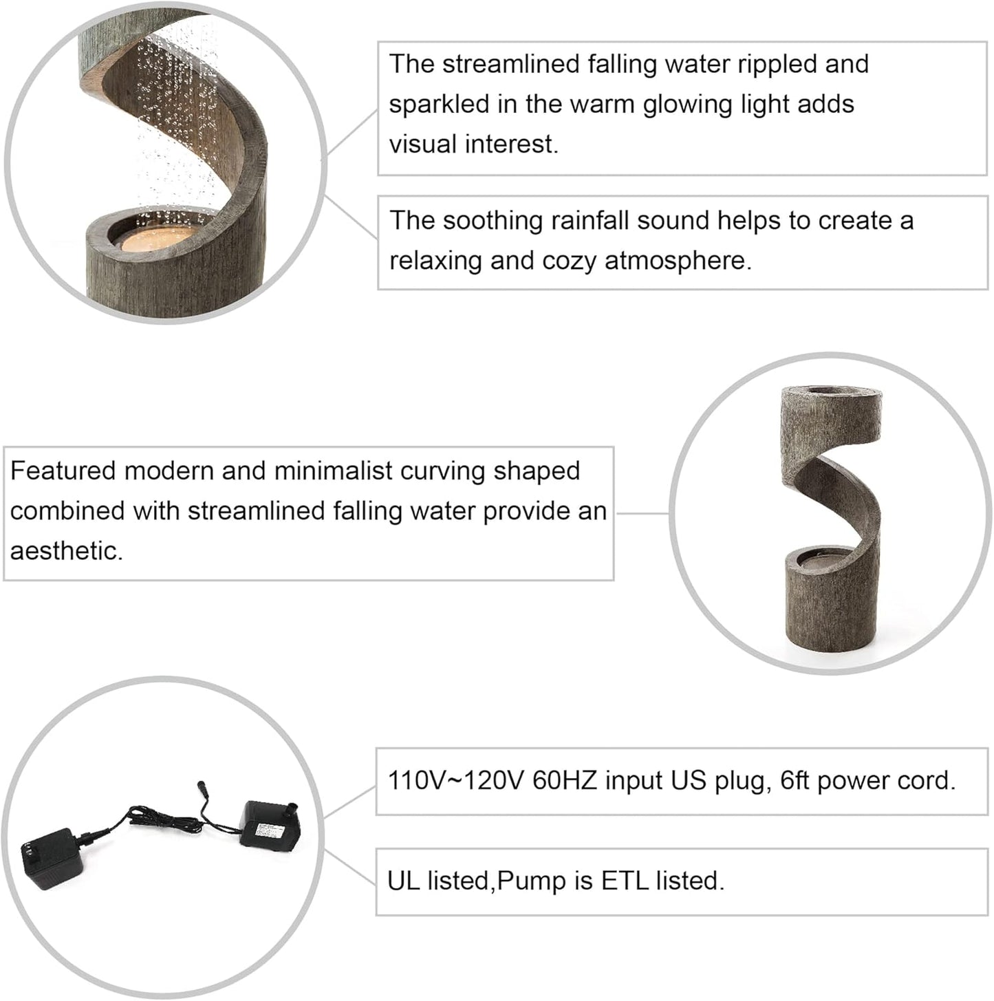 Glitzhome Tiered Outdoor Water Fountain with LED Light, Curved Outdoor Fountain Waterfall with Stone Planter, Freestanding Spiral Outdoor Garden Water Fountains, 31.3”H