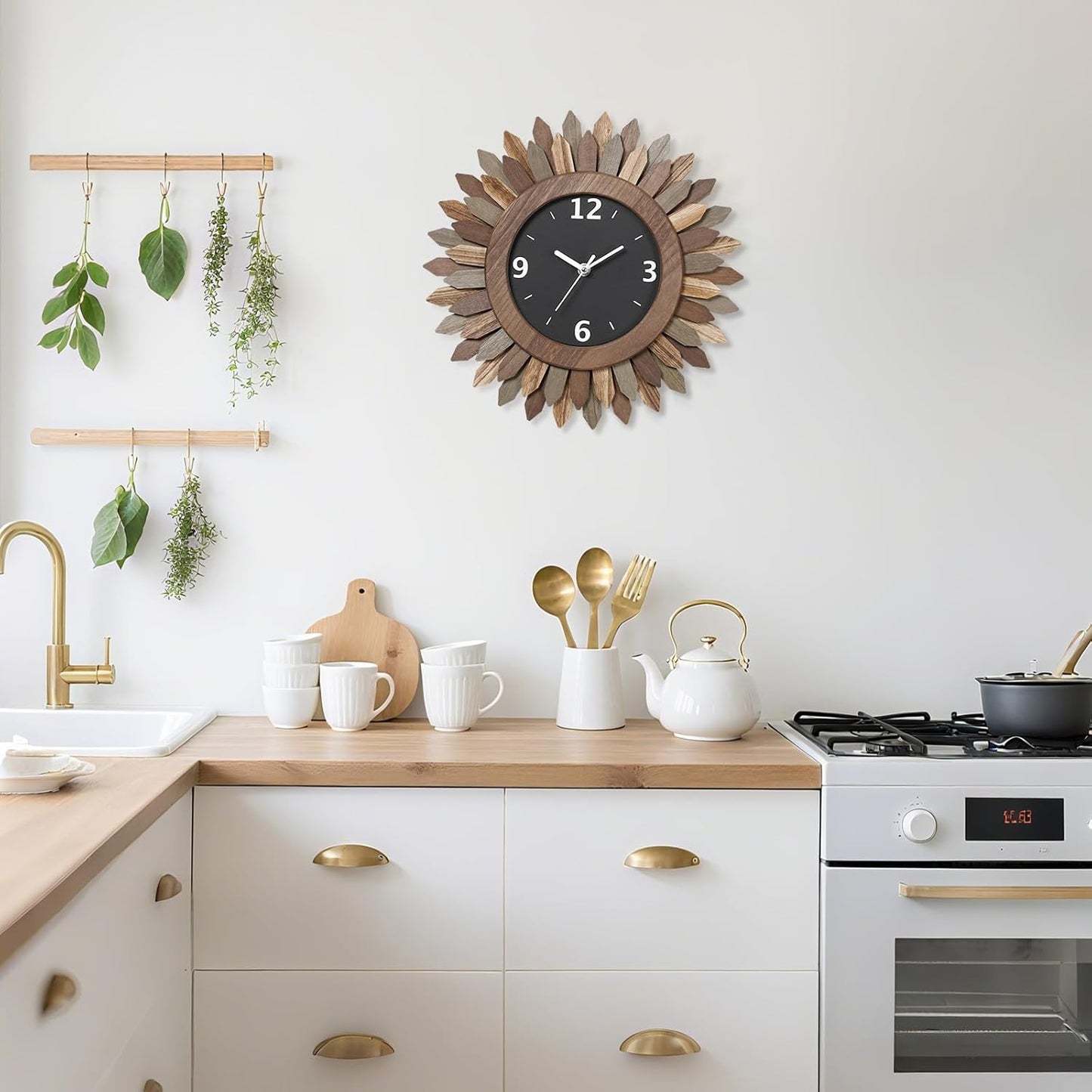 Honiway 14 Inch Wall Clock, Rustic Wood Boho Sunburst Decorative Wall Clocks Battery Operated Silent Non Ticking Farmhouse Small Wall Clocks for Living Room Kitchen Bedroom Home Decor (Tricolor)