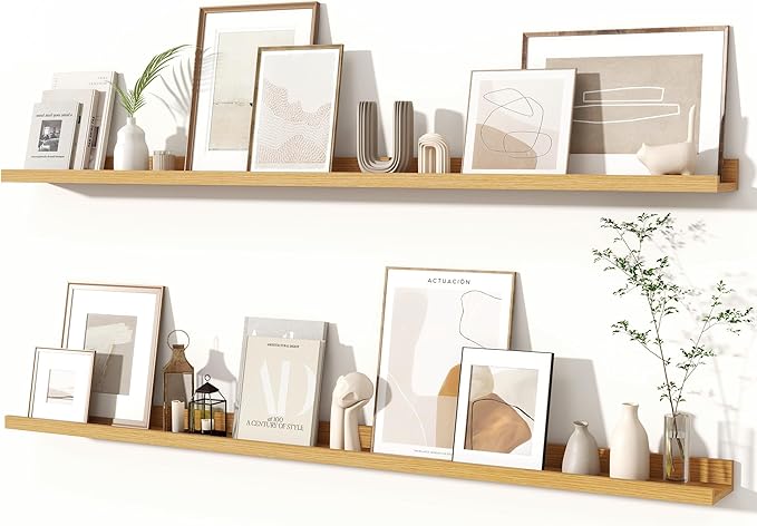 Fun Memories Picture Ledge Shelves Set of 2, 55 Inch Rustic Wall Mounted Floating Shelves with Lip for Home Storage and Décor in Bathroom, Kitchen, Nursery, Bedroom, Living Room, Oak