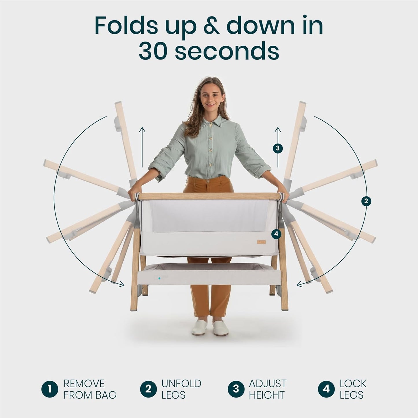 CoZee® 2-in-1 Baby Bassinet & Bedside Sleeper - Fast-Folding Bedside Bassinet, Baby Crib with 6 Mattress Heights & Breathable Mesh Window, Mattress Included, 0-6 Months (Silver & Oak)