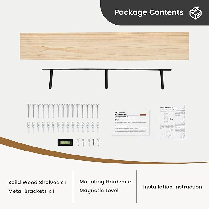 Fun Memories 48 Inch Floating Shelves for Wall, Deep Rustic Solid Pine Wood Floating Shelf - Farmhouse Wall Mounted Display Shelf with Heavy-Duty Metal Bracket, 48" W x 8" D, Set of 1, Unfinished