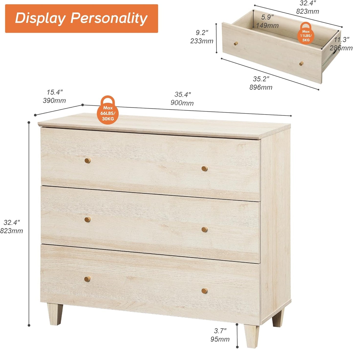 WAMPAT Bedroom Dresser with 3 Drawers, 35.4" Wide Wood Kids Dressers, Chest of Drawers, Modern Closet Organizer Bachelors Chest w/Solid Wood Legs for Living Room, Baby Room, Nursery, Light Oak