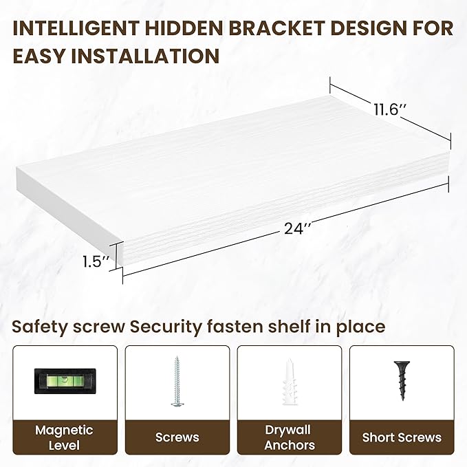 24 Inch Floating Shelves, 11.6 Inch Deep Floating Shelves for Wall, Floating Shelf with Invisible Brackets, Deep Shelves for Bathroom, Bedroom, Living Room, 2 Pack, White