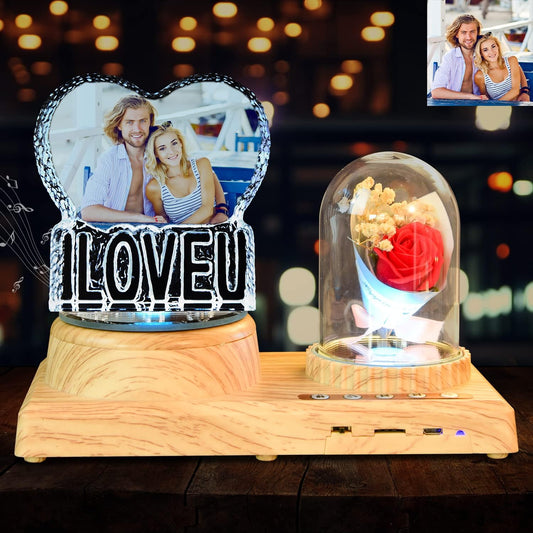 Personalized Heart Night Light 3D Crystal Lamp Custom Photo Picture Engraved, 3D Crystal Photo with Music Bluetooth Rotating Crystal Photo Frame Ornament, ILOVEU Couple Wedding Valentine's Day Gift