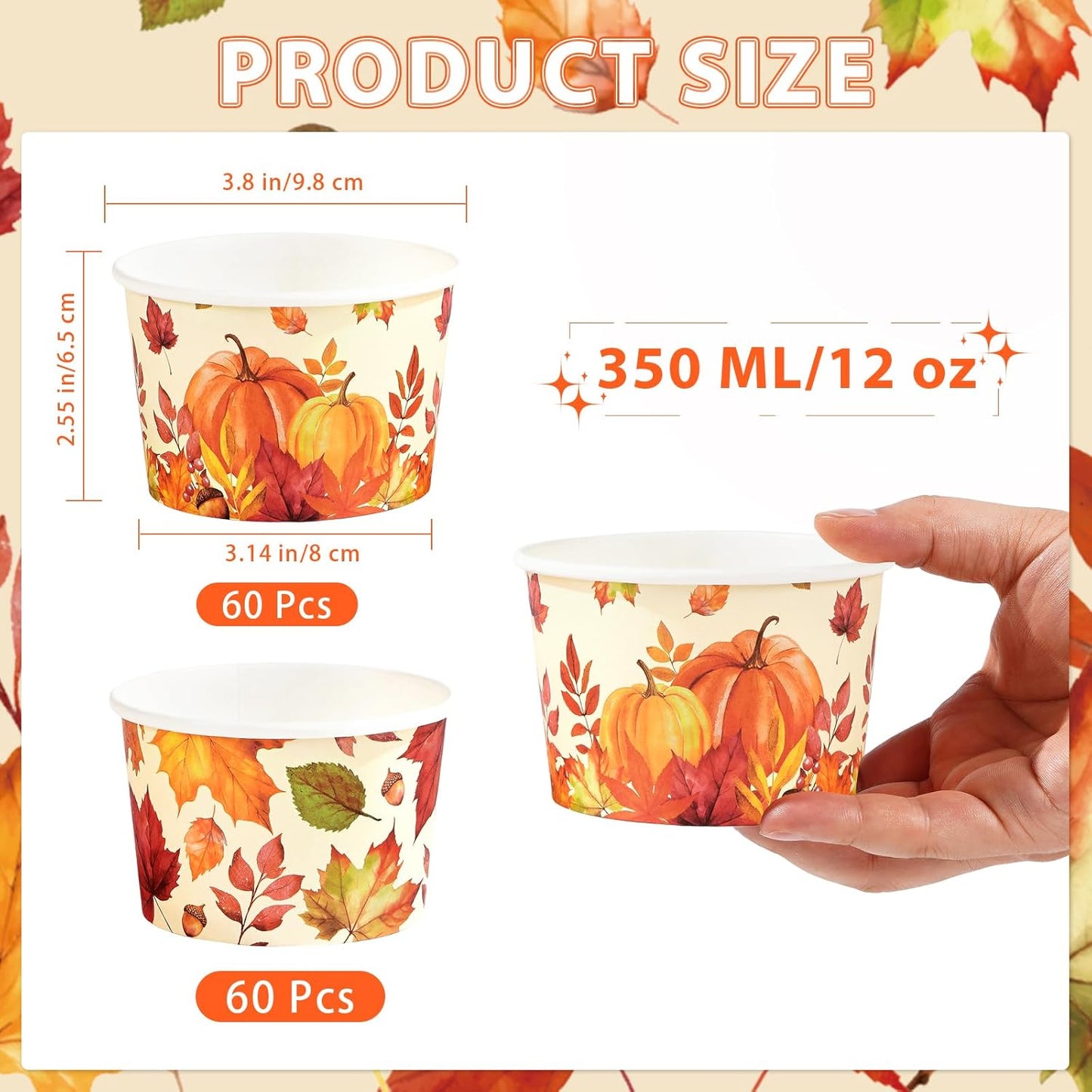 Grencian 120 PCS Fall Paper Cups 12 oz Maple Leaves Pumpkin Snack Bowls Disposable Autumn Thanksgiving Dessert Cups for Fall Thanksgiving Halloween Harvest Party Snacks Candies Party Supplies