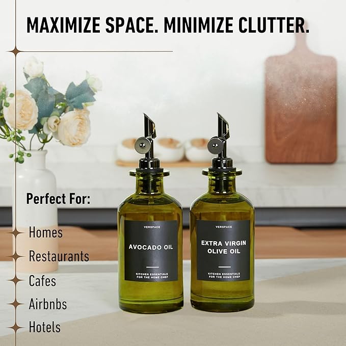 Green Glass Olive Oil Dispenser Bottle For Kitchen By Verpsace,Avocado Oil Dispenser Set, Modern Decor, Gold Kitchen Accessories for Home, Airbnb, Cafe (Black, Set of 2)