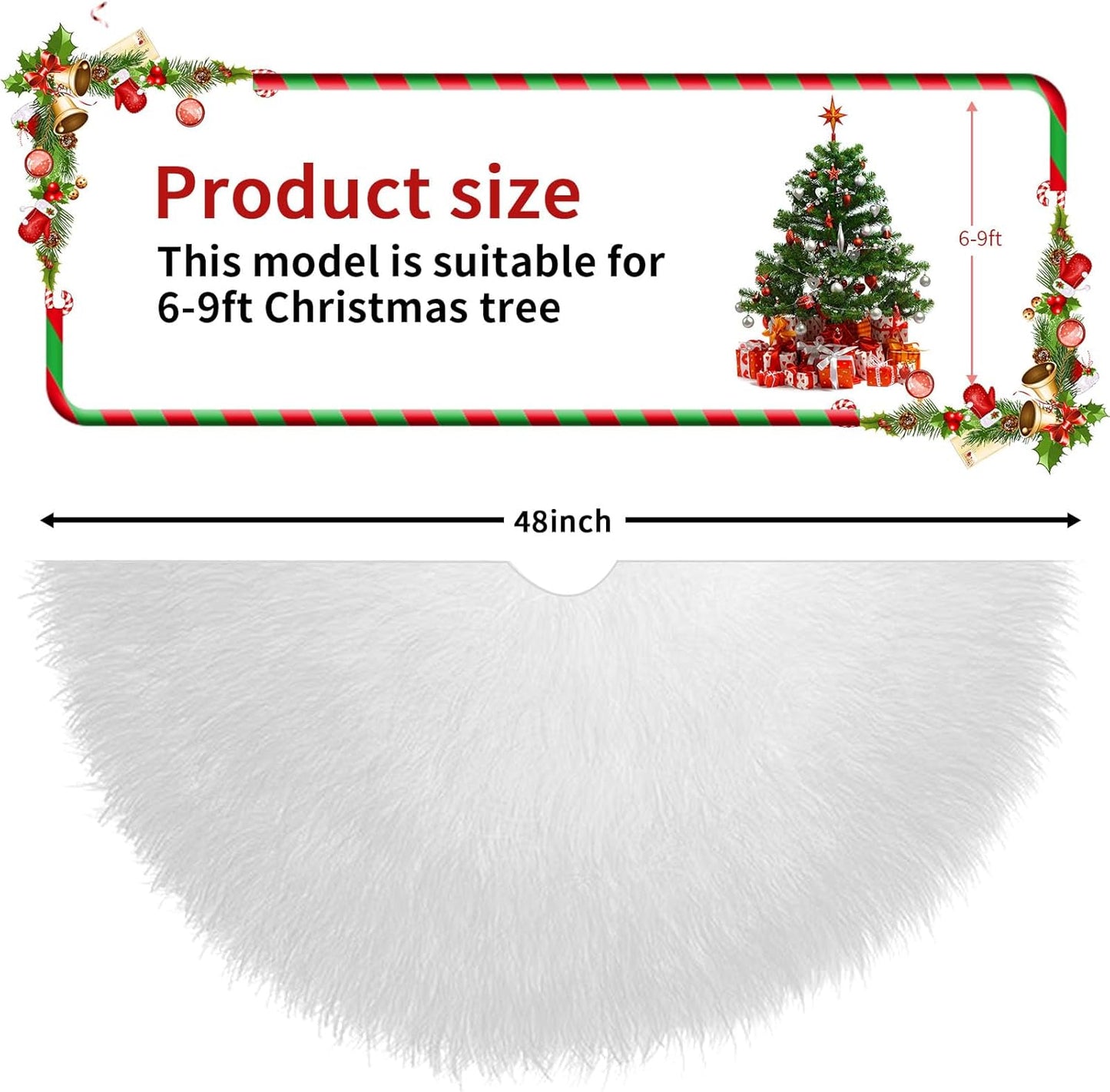 48 Inch Christmas Tree Skirt, White Plush Faux Fur Tree Skirts for 7.5 to 9 ft Trees, Snowy Xmas Tree Mat Decorations for Holiday Christmas Halloween Indoor Outdoor Decor