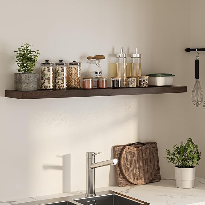 Floating Shelves for Wall, 55"W x 9.3"D x 1.5"H, Long Wooden Wall Mounted Display Shelves with Invisible Brackets for Living Room, Bedroom, Bathroom, Kitchen Decor and Storage, Set of 1, Walnut